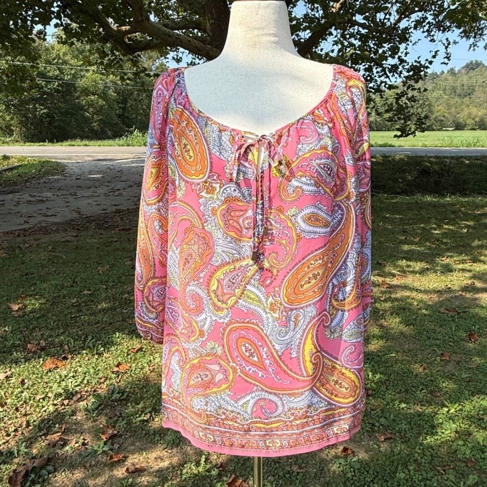 Charter Club Woman Pink Paisley Tie Neck Blouse 1X 3/4 Sleeve Top Boho Chic